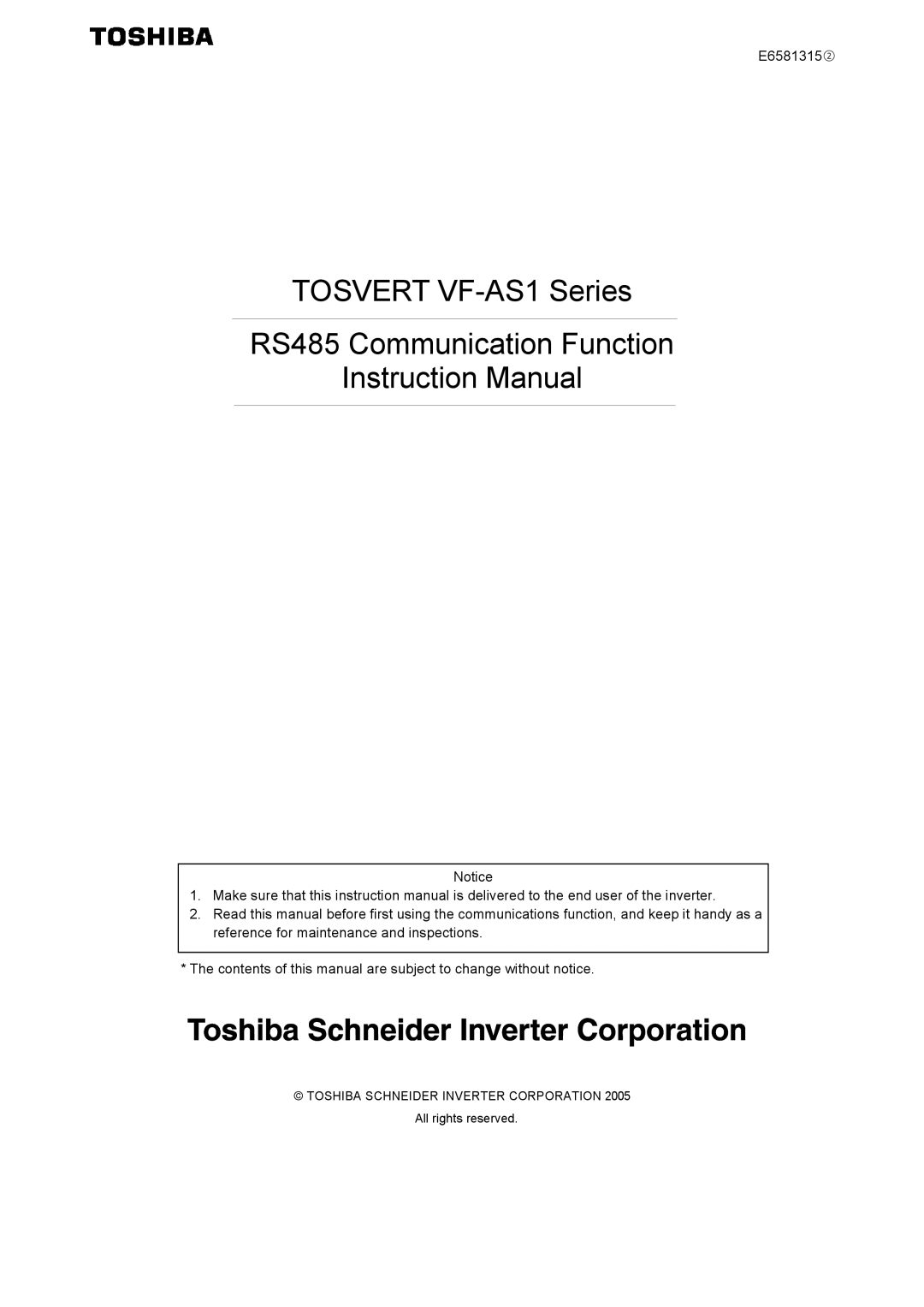 Toshiba instruction manual Tosvert VF-AS1 Series RS485 Communication Function, E6581315② 