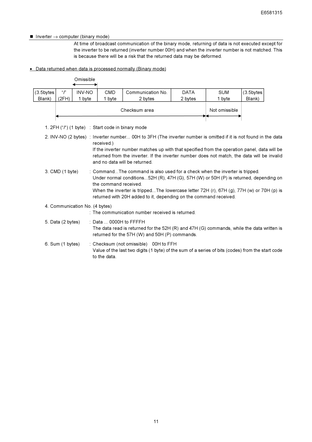 Toshiba RS485, VF-AS1 Series Byte Bytes, Command received, Returned for the 57H W and 50H P commands, To the data 