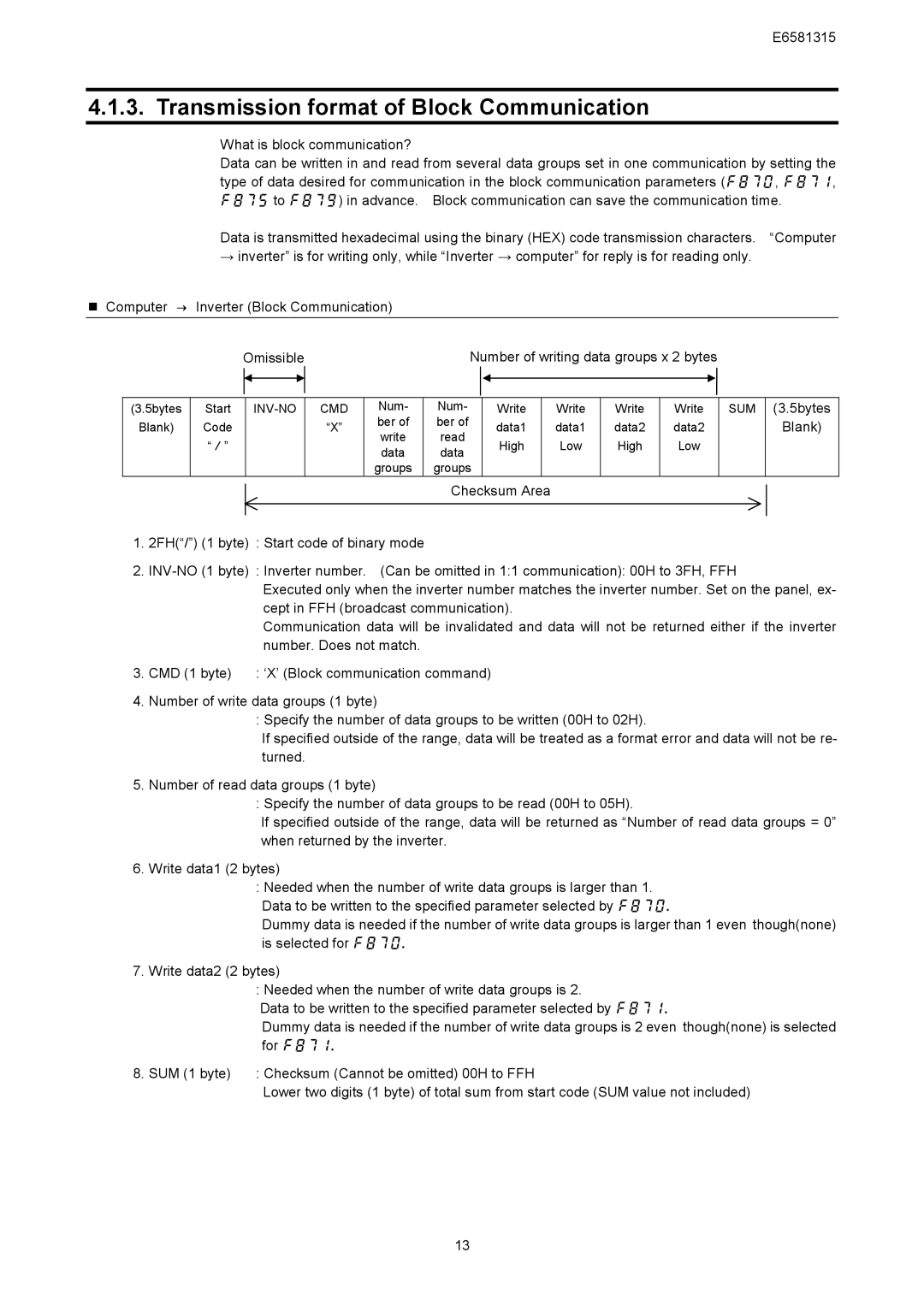 Toshiba RS485, VF-AS1 Series instruction manual Transmission format of Block Communication, E6581315 