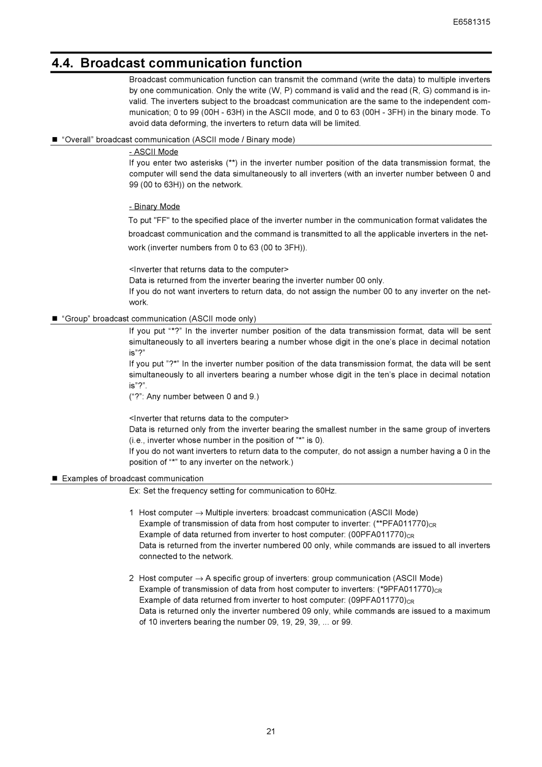 Toshiba RS485, VF-AS1 Series instruction manual Broadcast communication function 