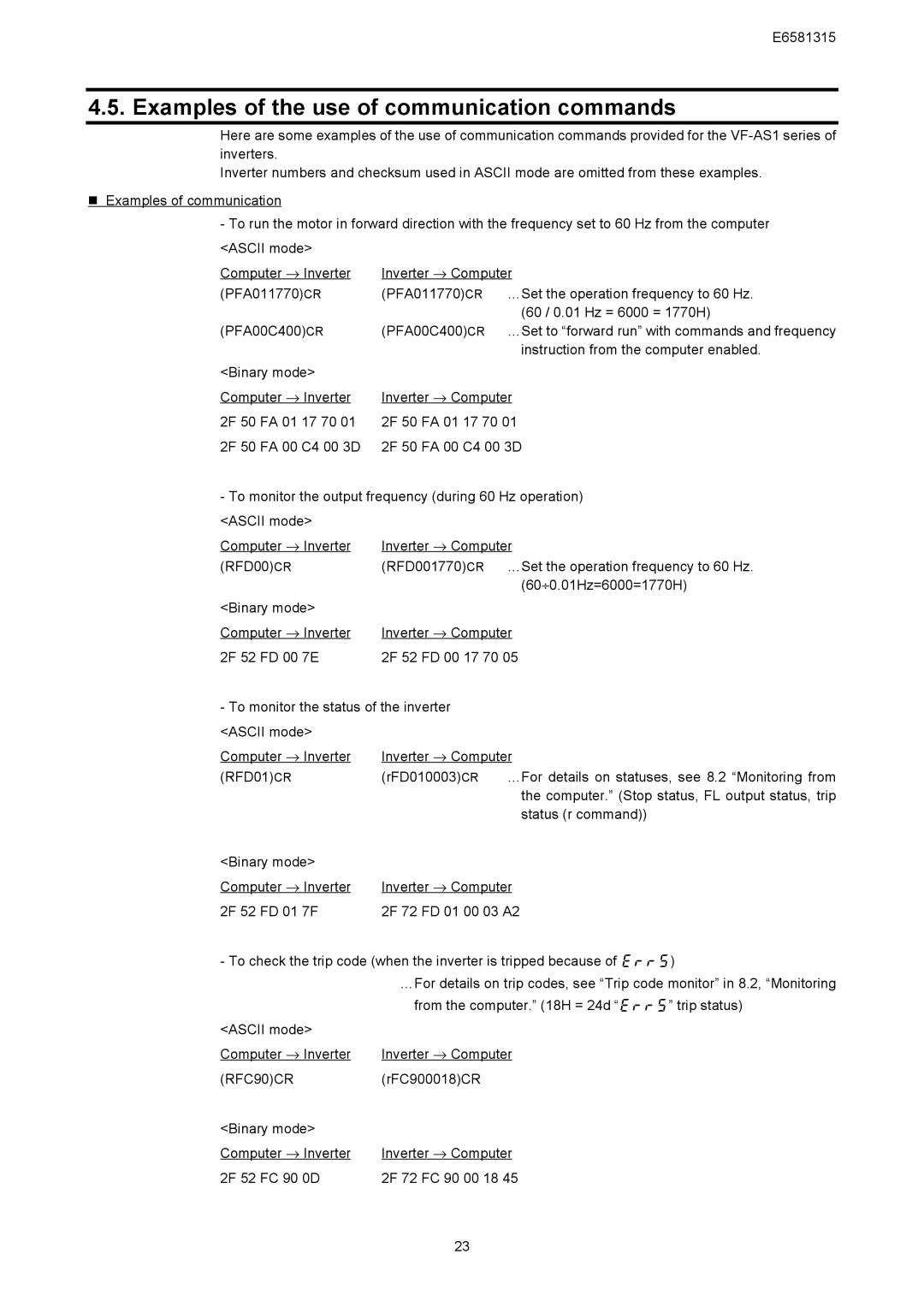 Toshiba RS485 Examples of the use of communication commands, From the computer H = 24d  trip status, RFC90CR 