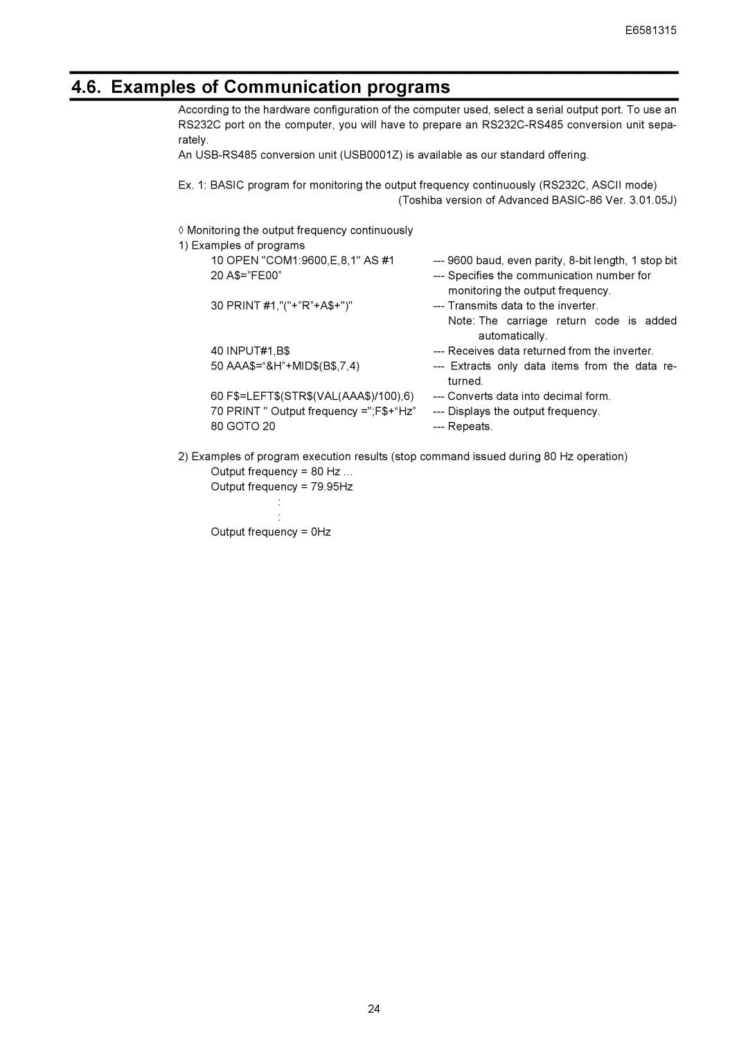 Toshiba VF-AS1 Series, RS485 instruction manual Examples of Communication programs 