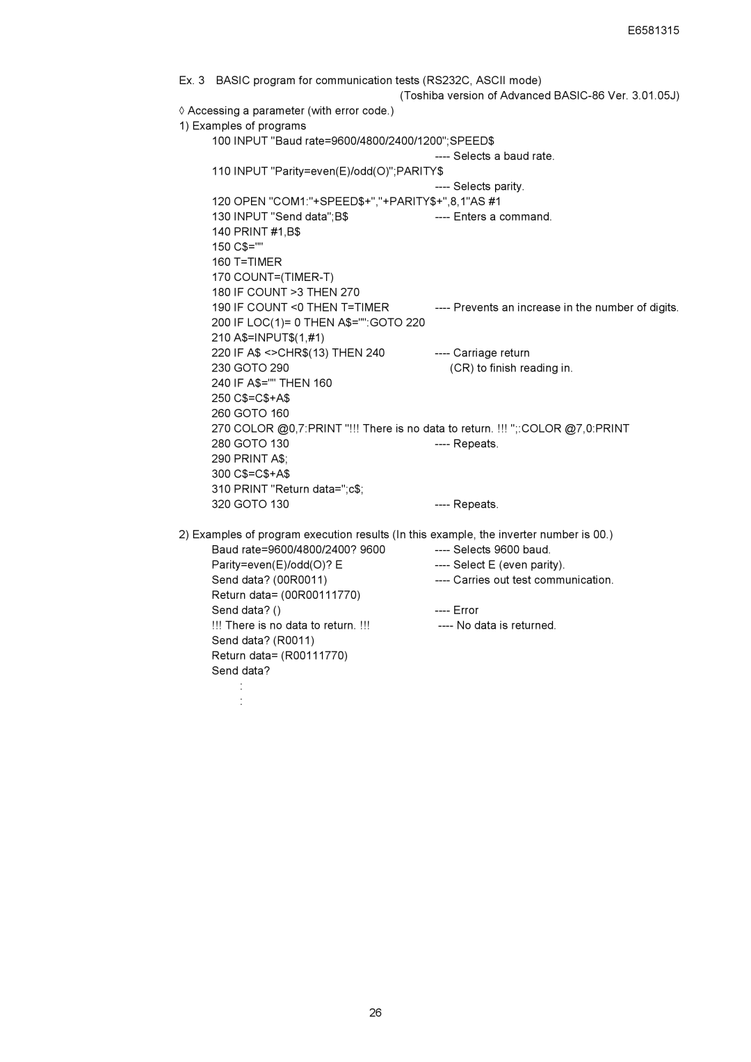 Toshiba VF-AS1 Series, RS485 instruction manual Print #1,B$, 160 T=TIMER COUNT=TIMER-T, If Count 0 then T=TIMER 