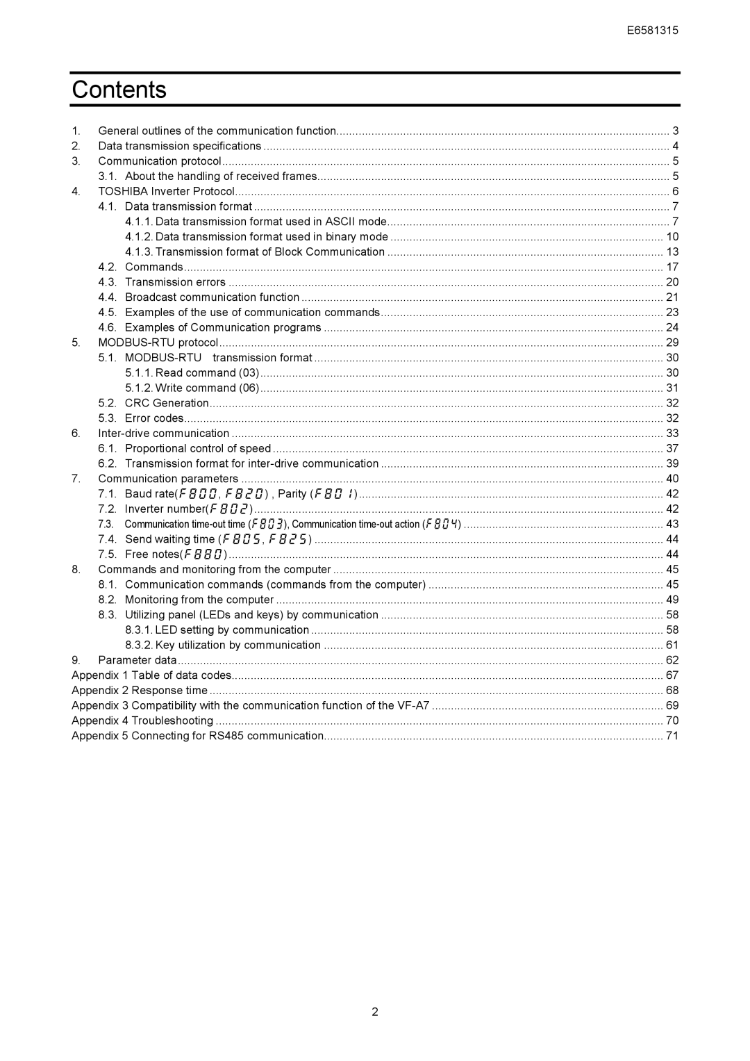 Toshiba VF-AS1 Series, RS485 instruction manual Contents 