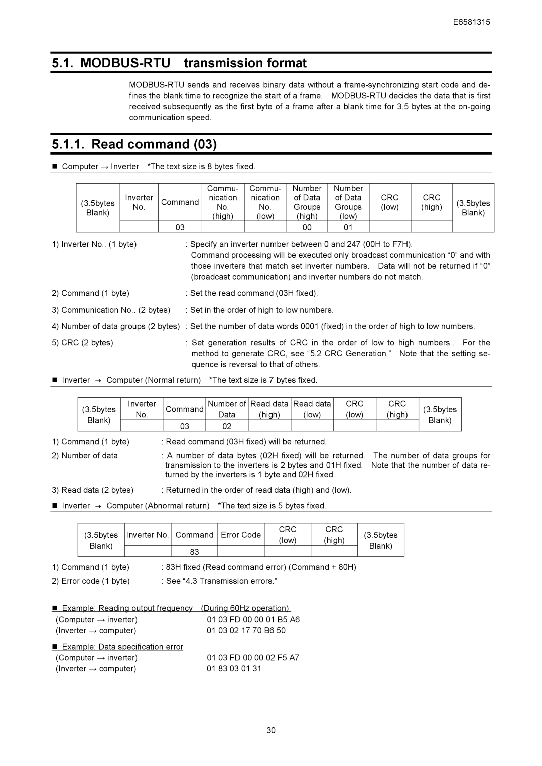 Toshiba VF-AS1 Series, RS485 instruction manual MODBUS-RTU transmission format, Read command, Crc 