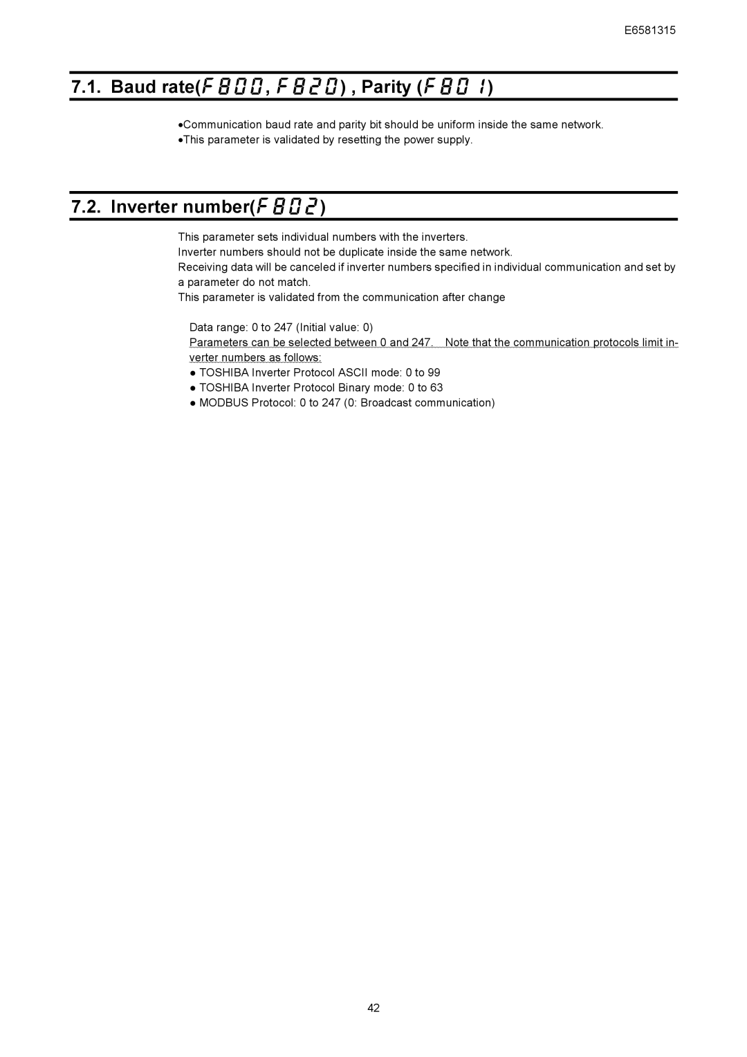 Toshiba VF-AS1 Series, RS485 instruction manual Baud rate,  , Parity , Inverter number 