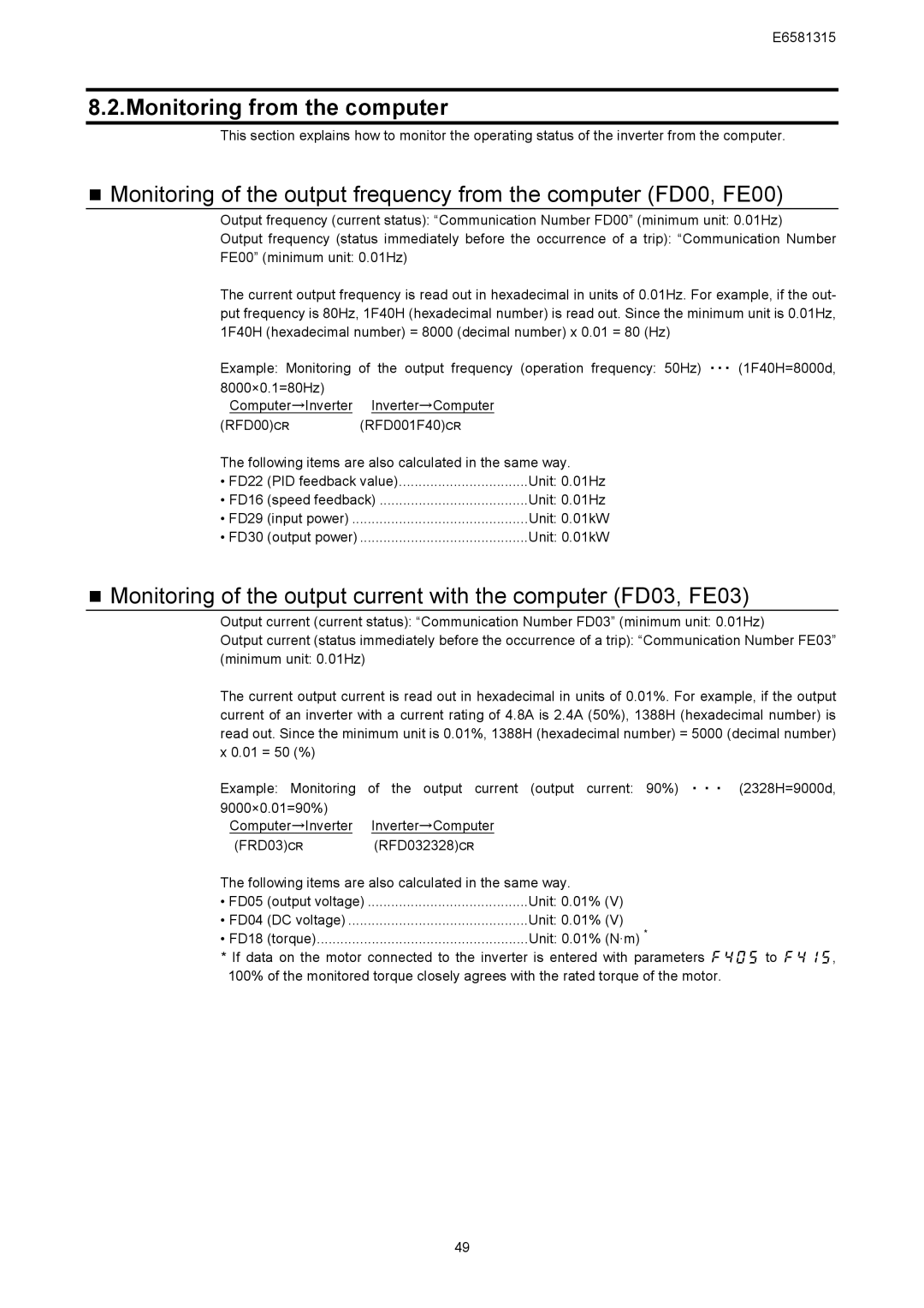 Toshiba RS485, VF-AS1 Series instruction manual Monitoring from the computer, RFD00CR, Unit 0.01% N·m 