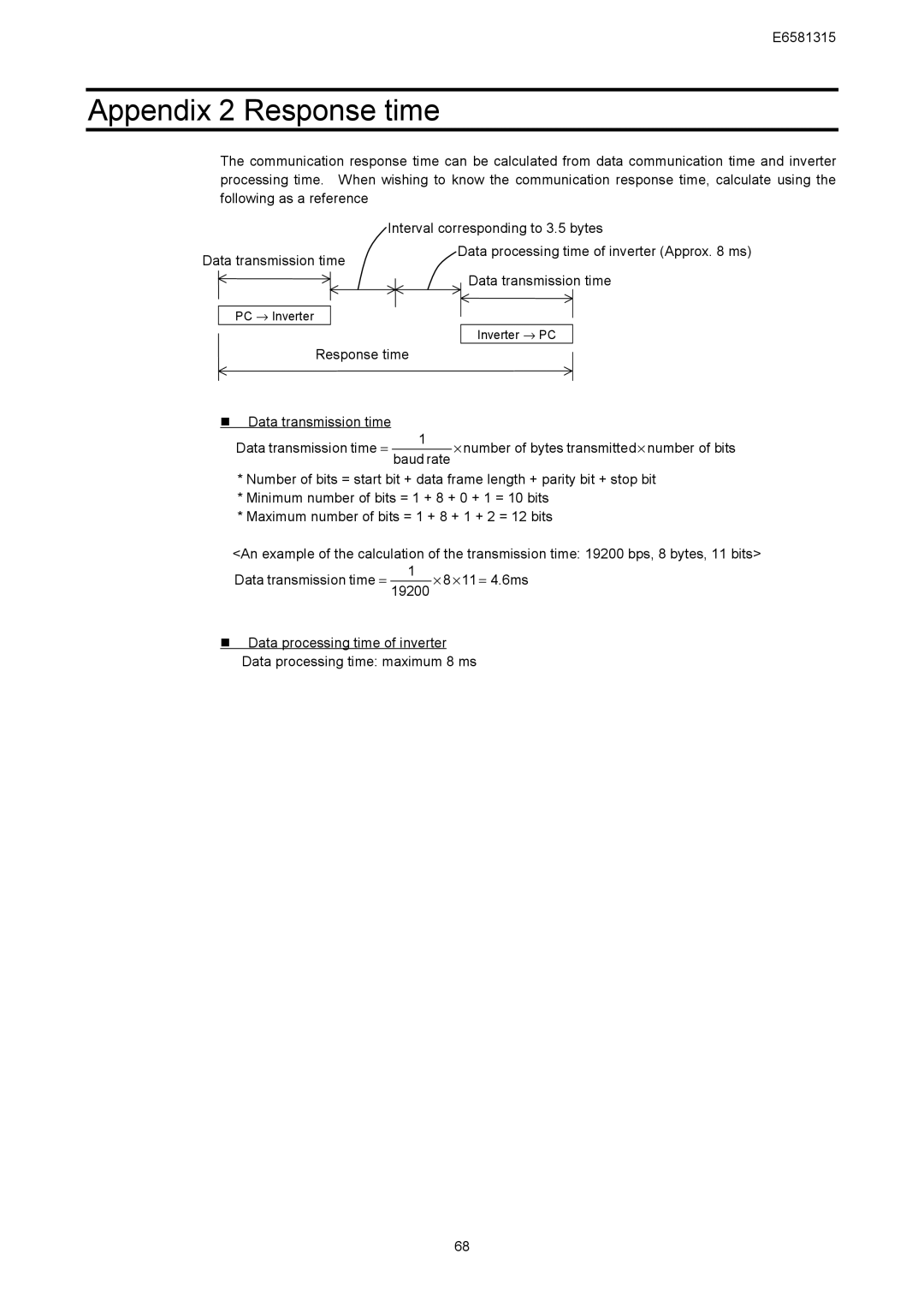 Toshiba VF-AS1 Series, RS485 instruction manual Appendix 2 Response time, Response time „ Data transmission time 