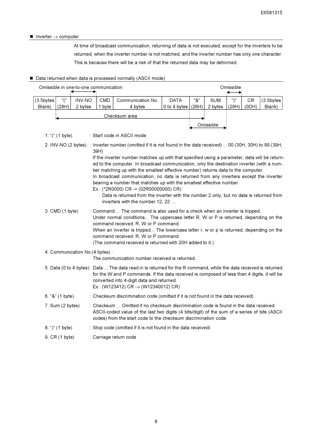 Toshiba VF-AS1 Series, RS485 instruction manual 5bytes Blank, 28H Bytes Checksum area 