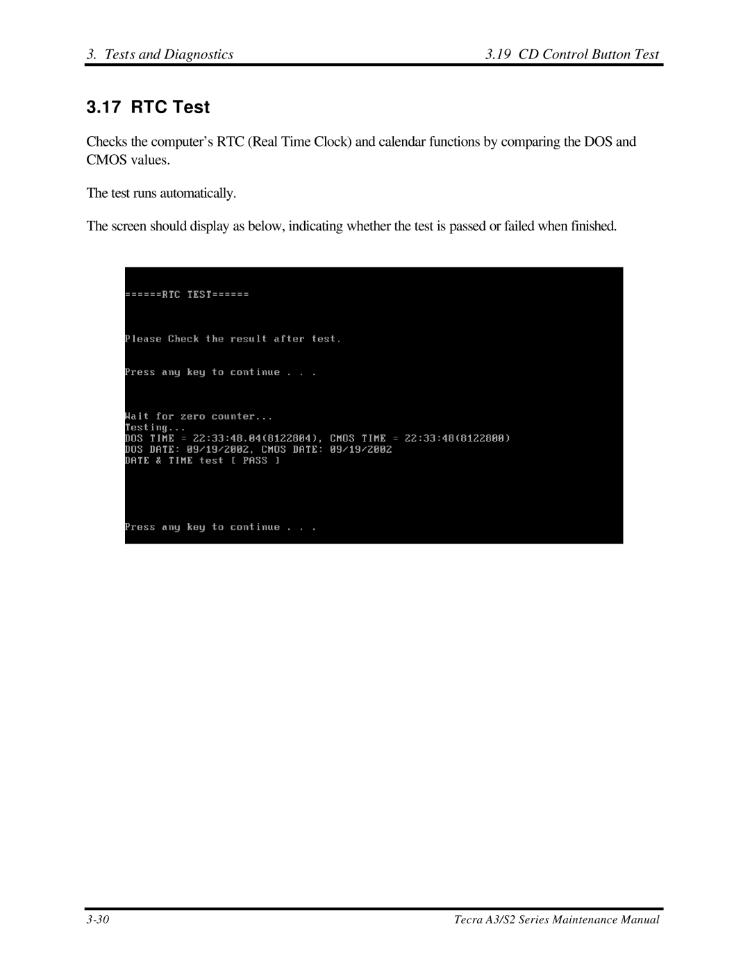 Toshiba S2 manual RTC Test, Tests and Diagnostics CD Control Button Test 