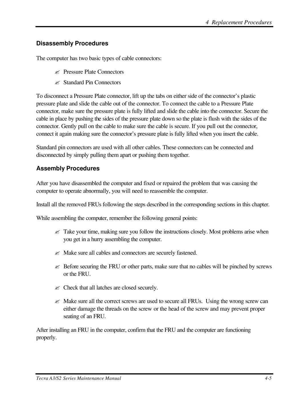 Toshiba S2 manual Disassembly Procedures, Assembly Procedures 