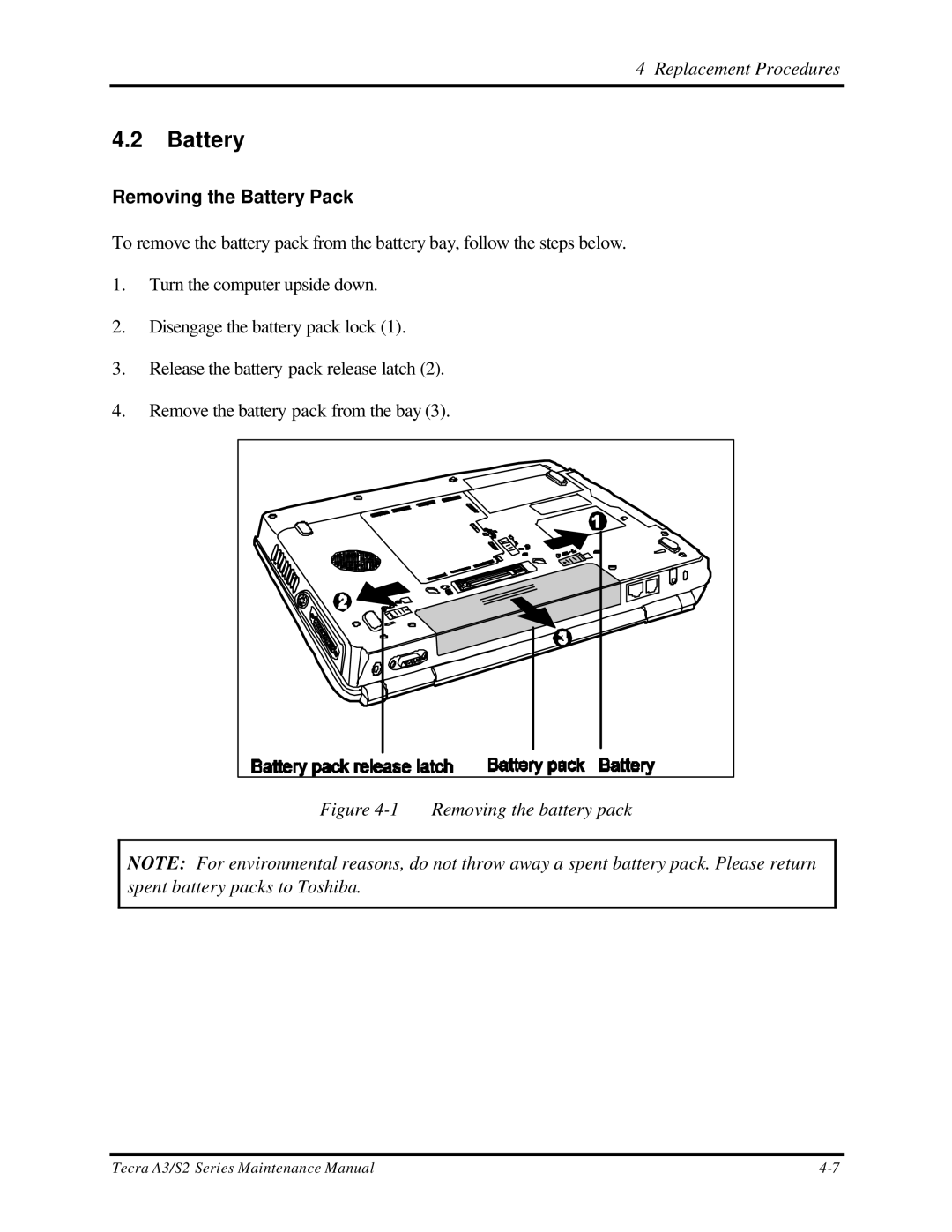 Toshiba S2 manual Removing the Battery Pack 