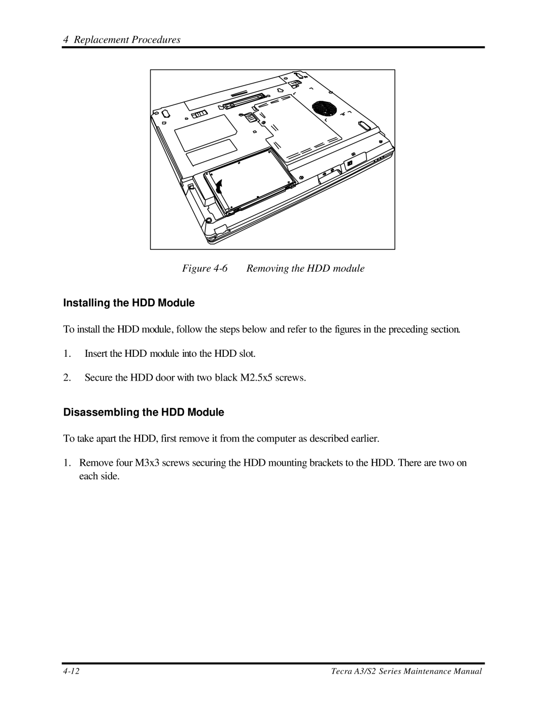 Toshiba S2 manual Installing the HDD Module, Disassembling the HDD Module 