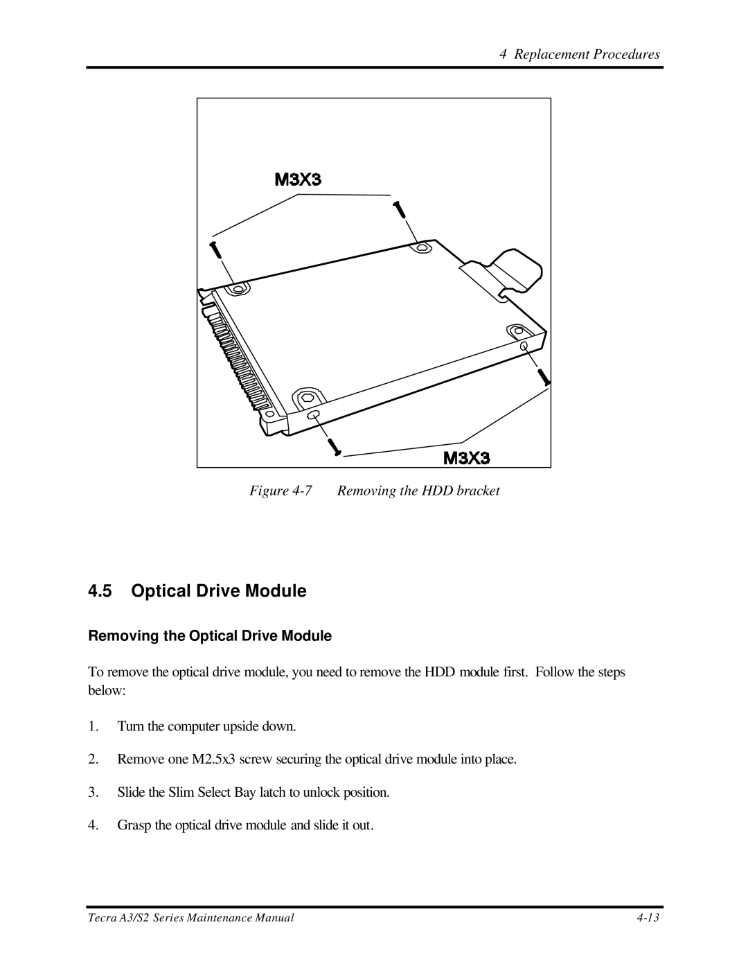 Toshiba S2 manual Removing the Optical Drive Module 