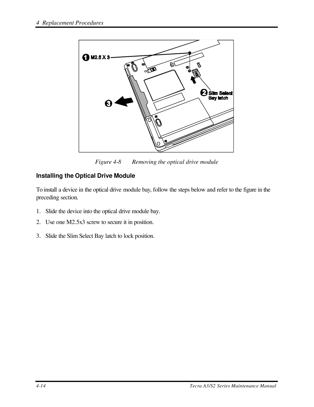 Toshiba S2 manual Removing the optical drive module, Installing the Optical Drive Module 