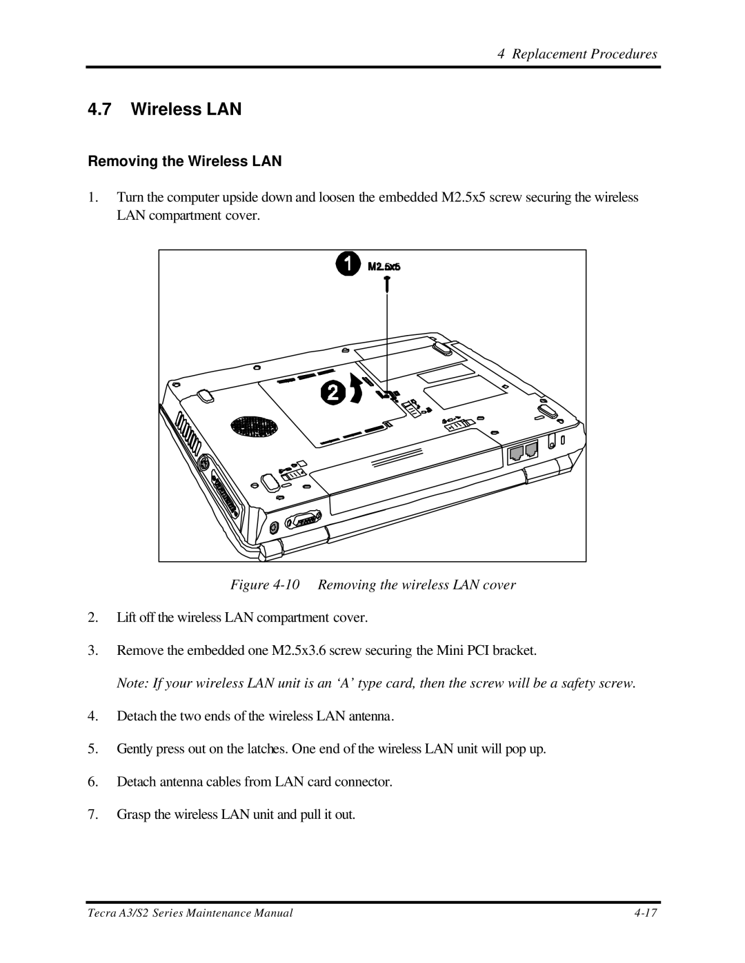 Toshiba S2 manual Removing the Wireless LAN 