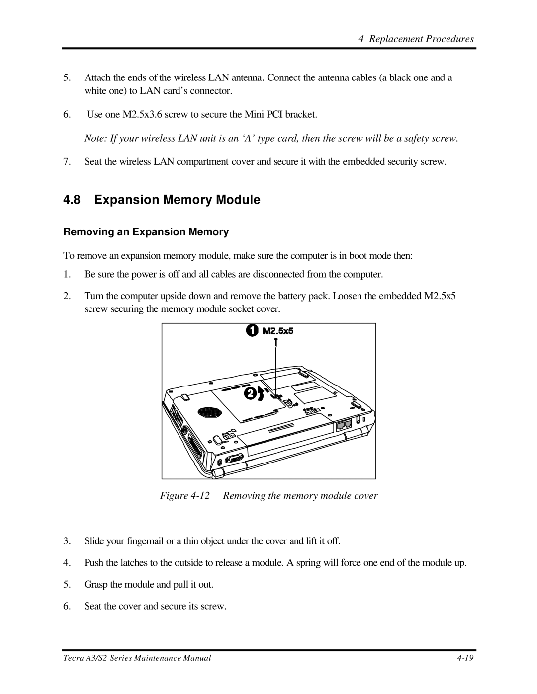 Toshiba S2 manual Expansion Memory Module, Removing an Expansion Memory 