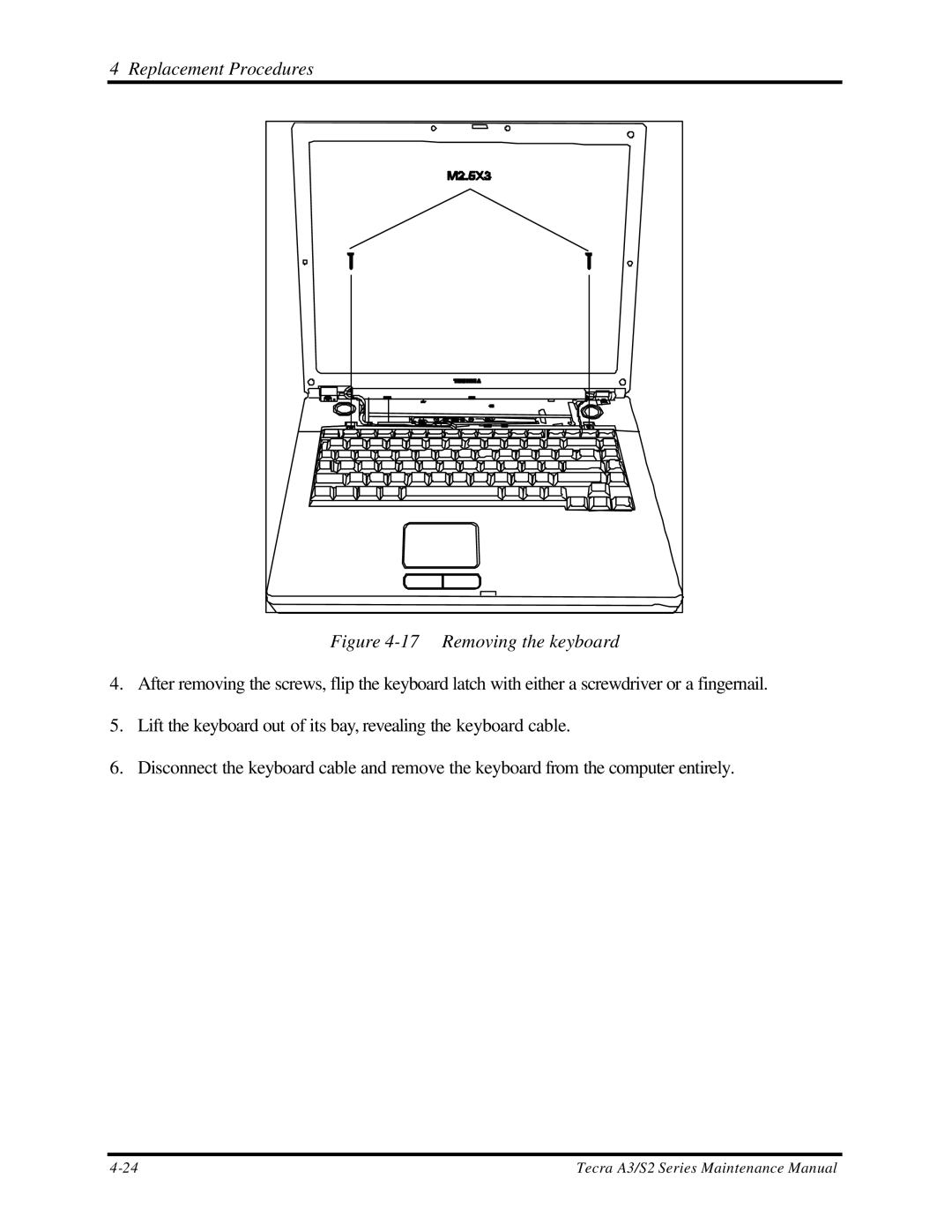 Toshiba S2 manual Removing the keyboard 