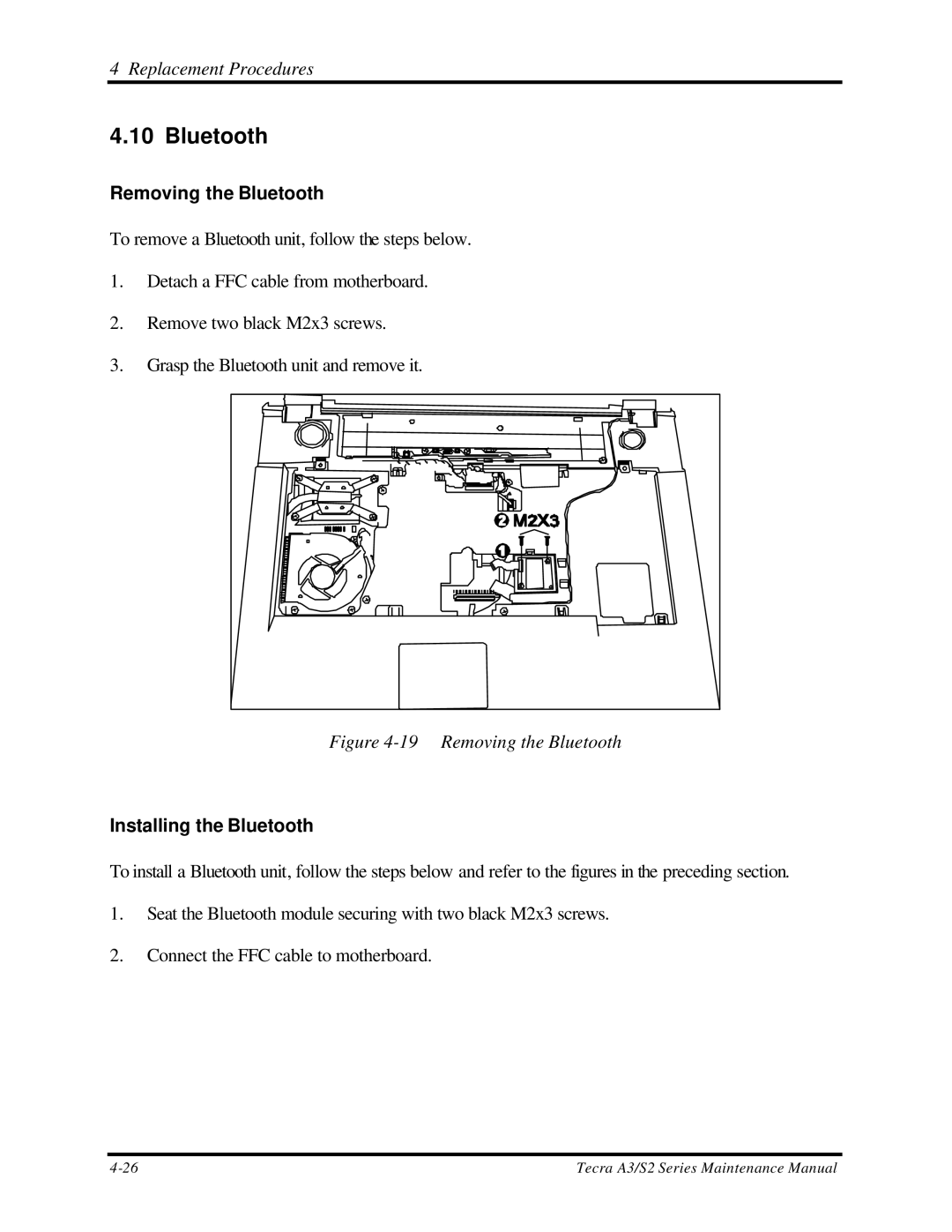 Toshiba S2 manual Removing the Bluetooth, Installing the Bluetooth 