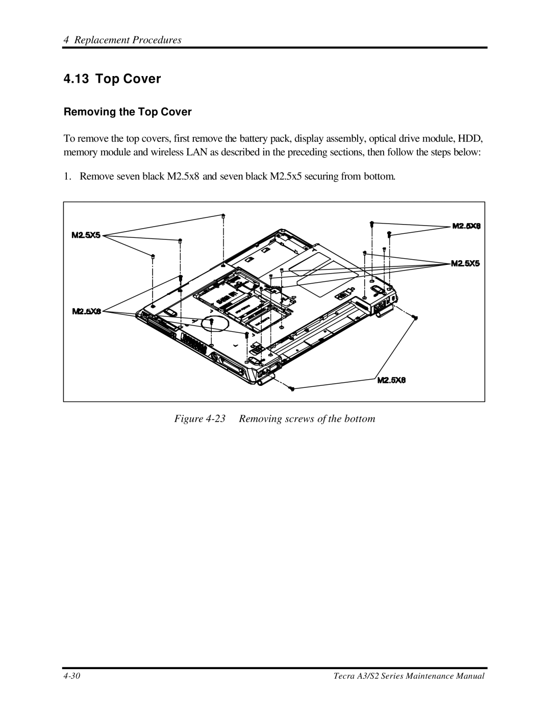 Toshiba S2 manual Removing the Top Cover, Removing screws of the bottom 