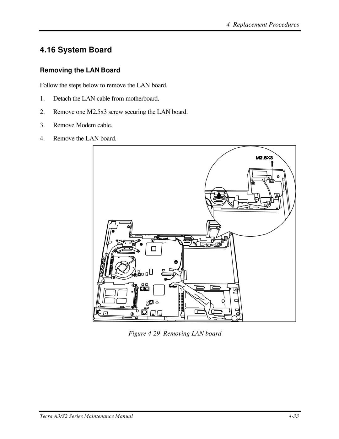 Toshiba S2 manual System Board, Removing the LAN Board 