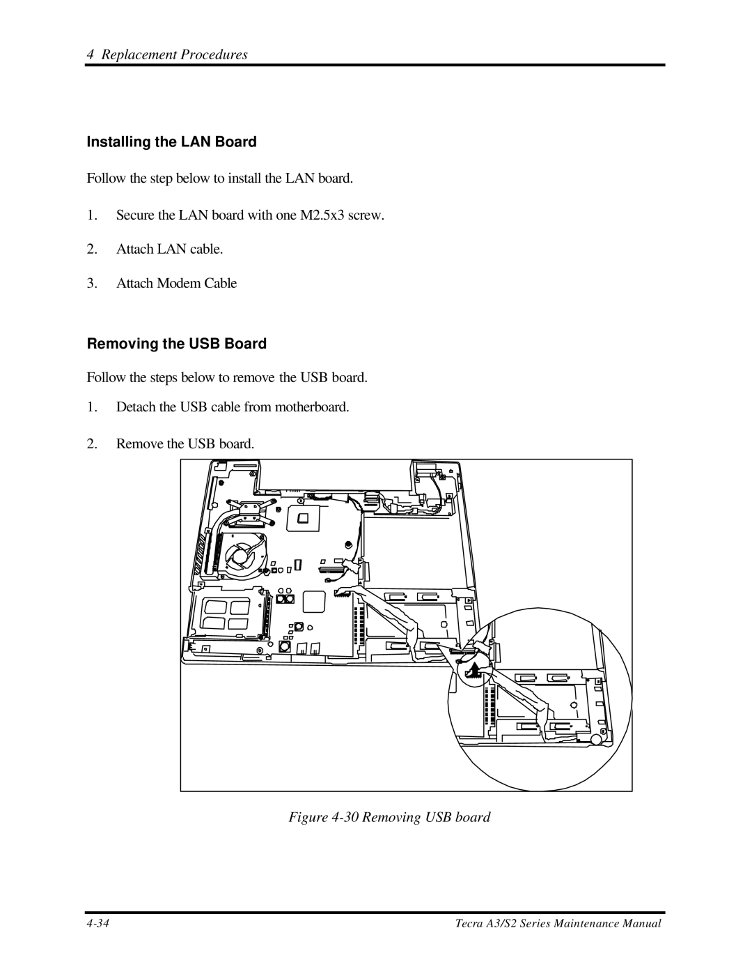 Toshiba S2 manual Installing the LAN Board, Removing the USB Board 