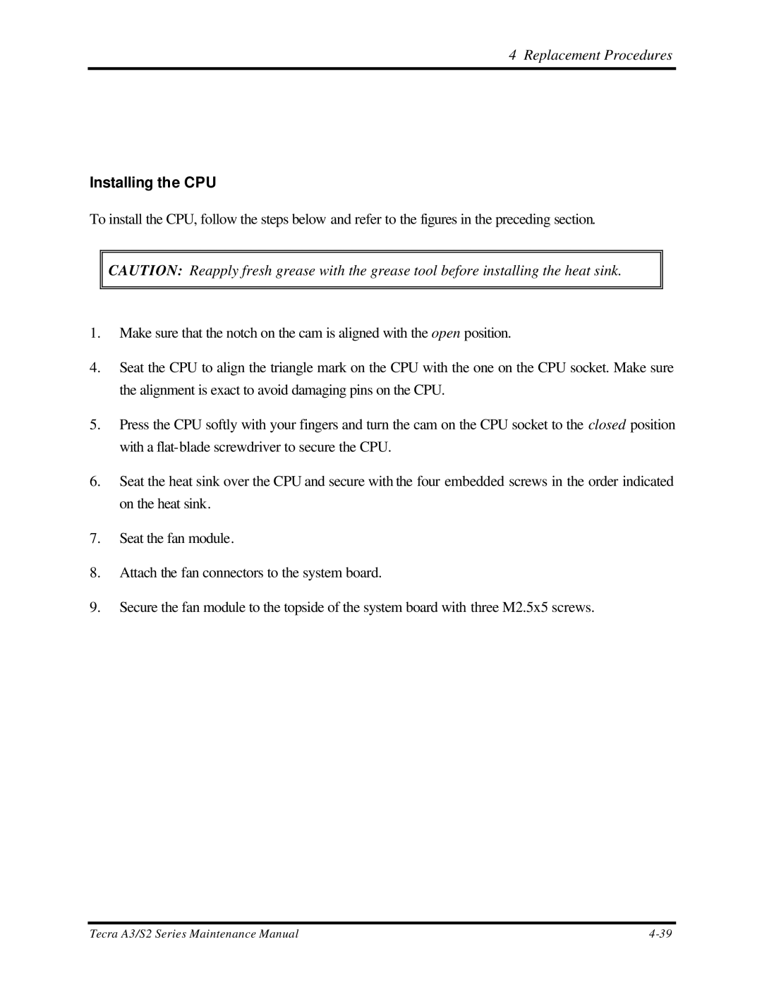 Toshiba S2 manual Installing the CPU 