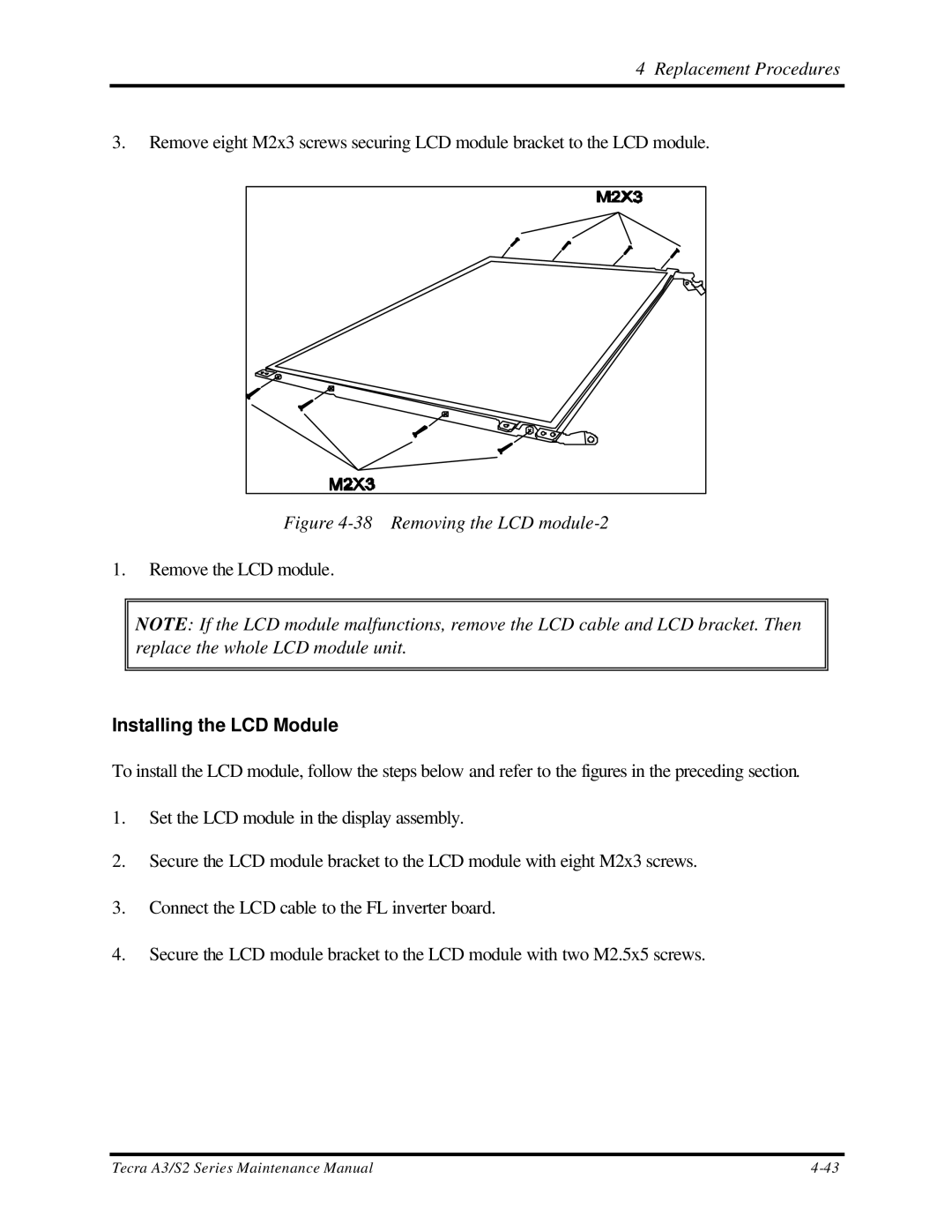 Toshiba S2 manual Removing the LCD module-2, Installing the LCD Module 