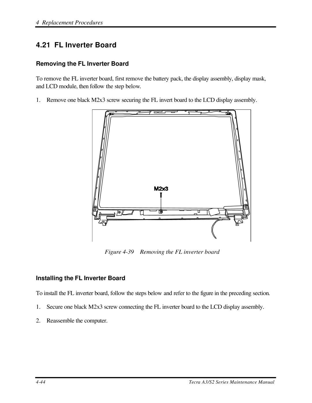 Toshiba S2 manual Removing the FL Inverter Board, Installing the FL Inverter Board 