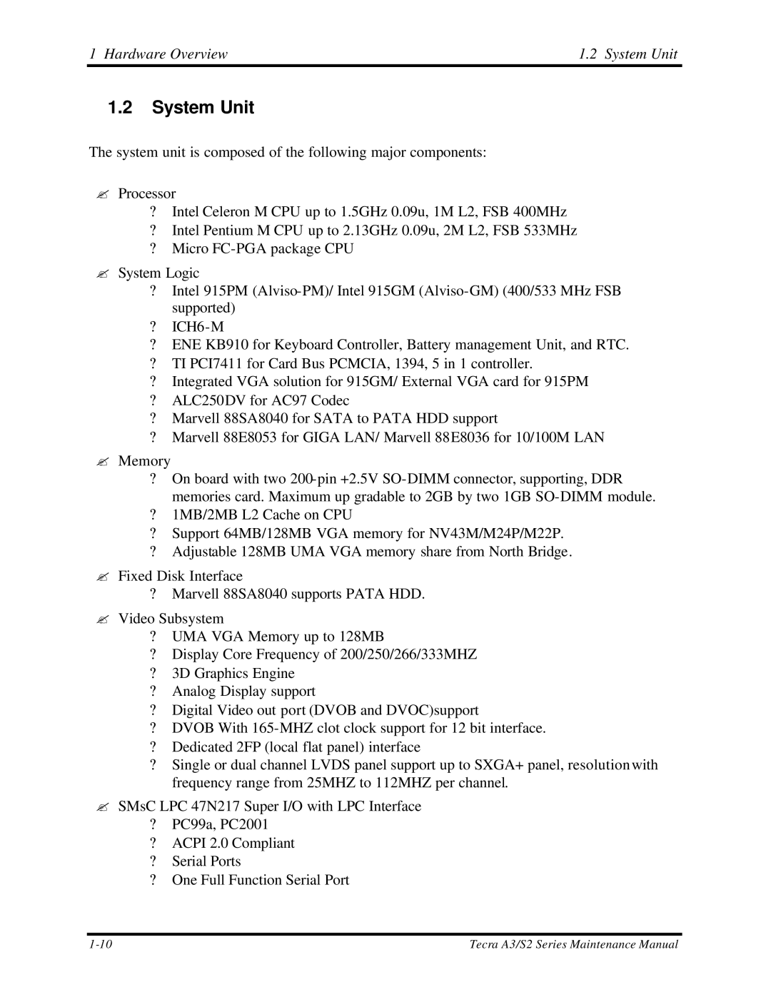 Toshiba S2 manual System Unit 