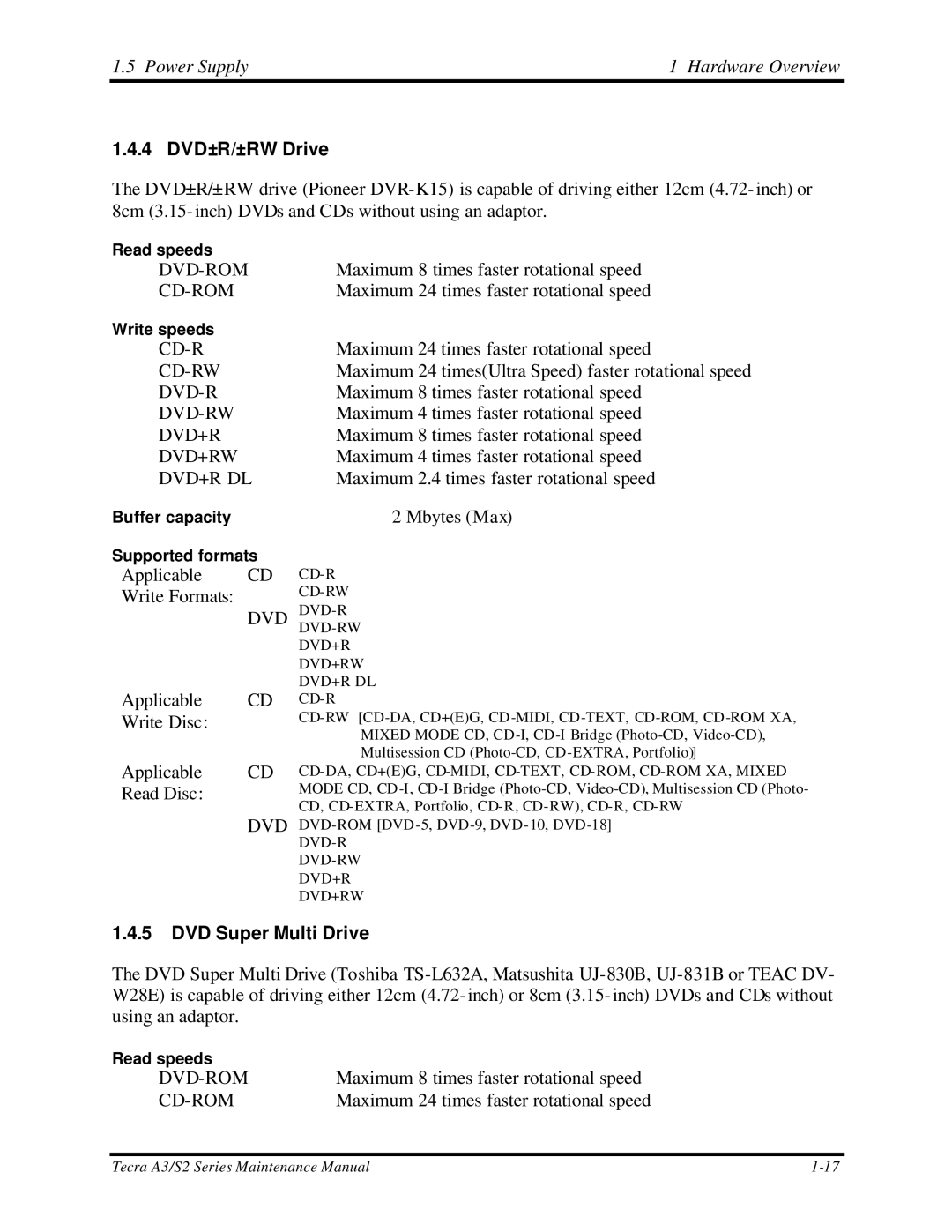 Toshiba S2 manual Power Supply Hardware Overview, 4 DVD±R/±RW Drive, DVD Super Multi Drive 