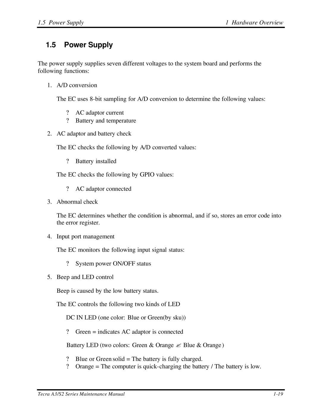 Toshiba S2 manual Power Supply 