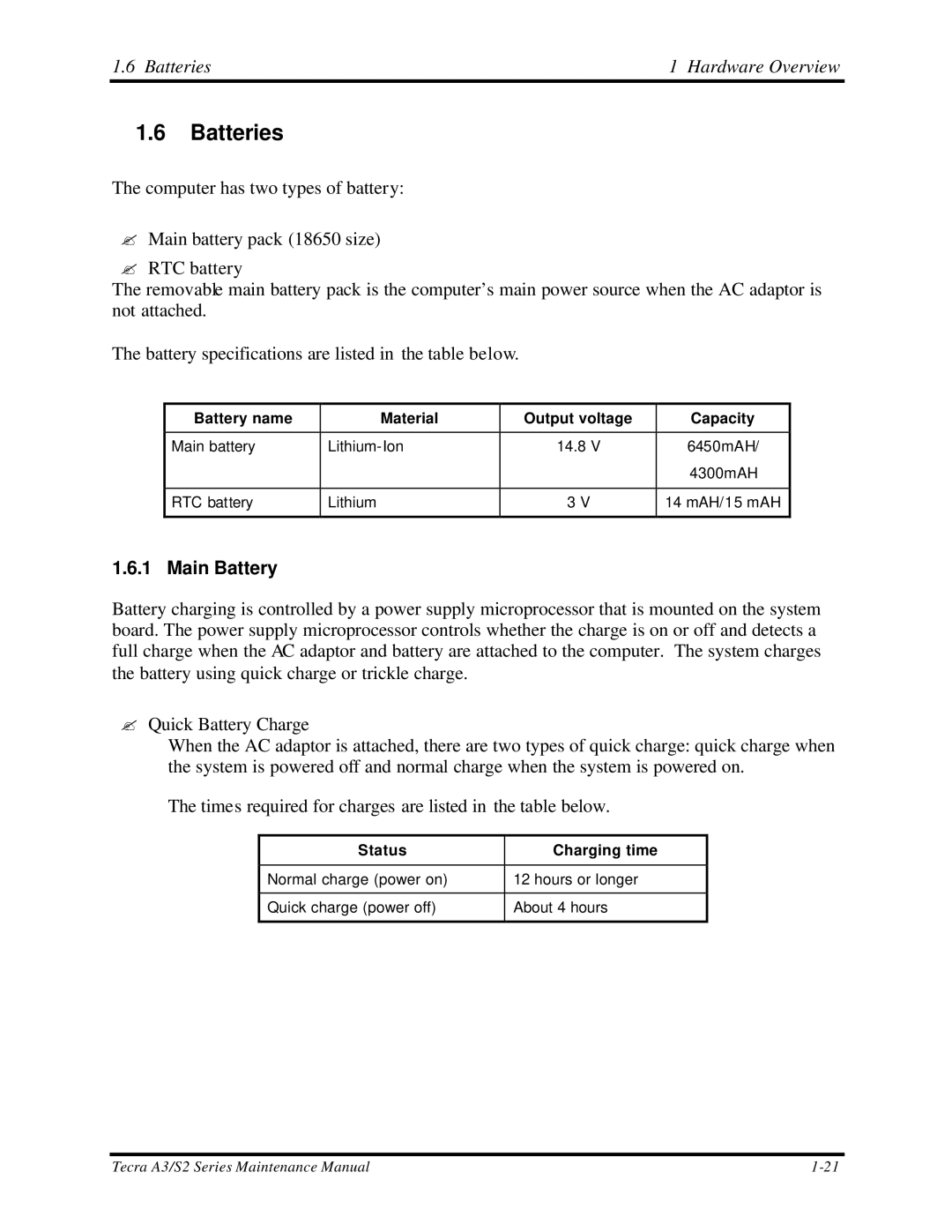 Toshiba S2 manual Batteries Hardware Overview, Main Battery 