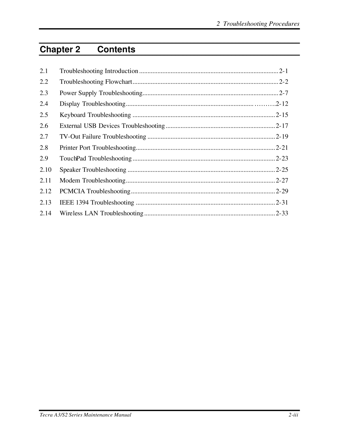 Toshiba S2 manual Display Troubleshooting ……….2-12 