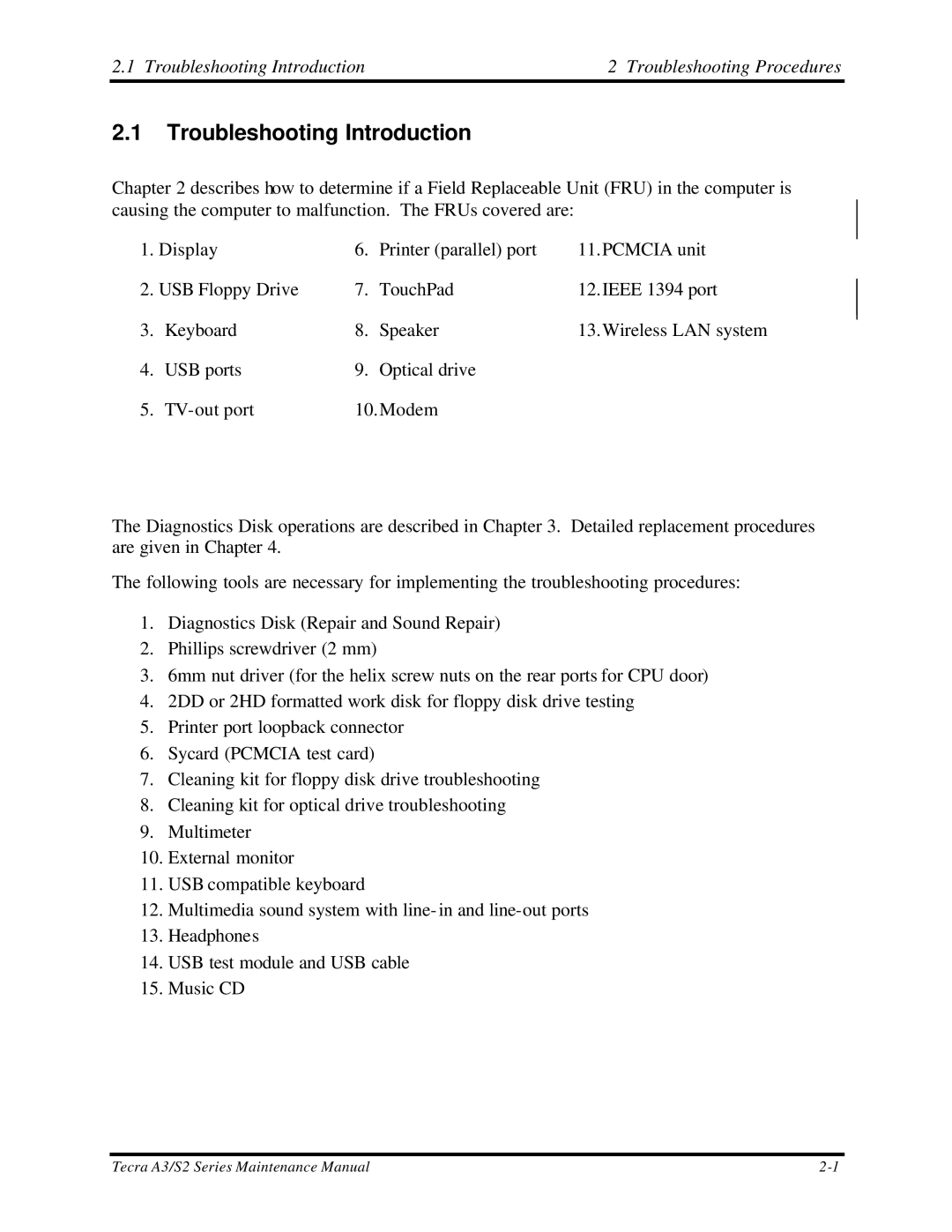 Toshiba S2 manual Troubleshooting Introduction Troubleshooting Procedures 