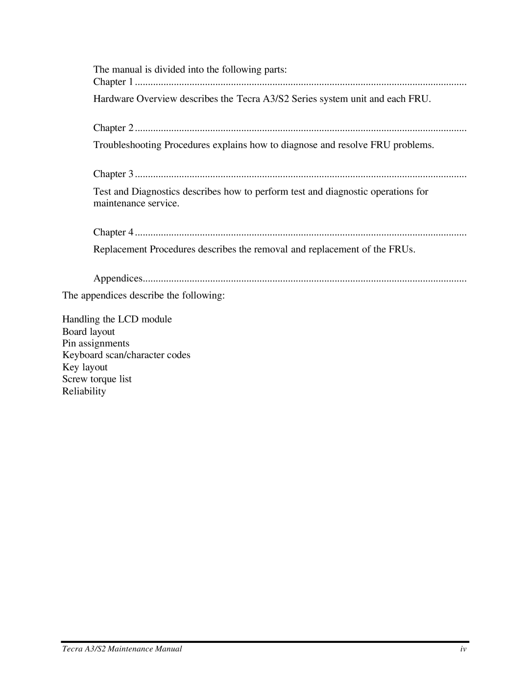 Toshiba manual Tecra A3/S2 Maintenance Manual 