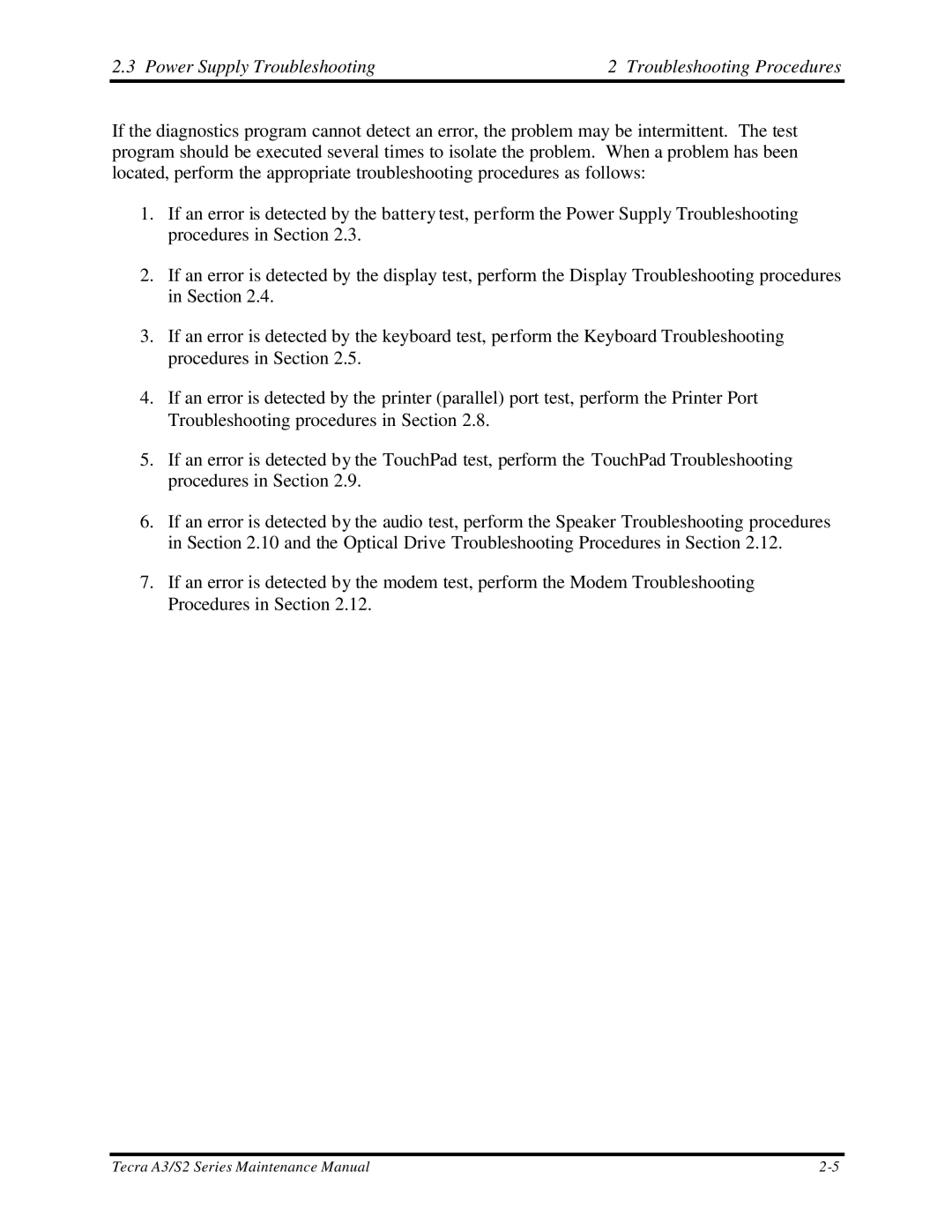 Toshiba S2 manual Power Supply Troubleshooting Troubleshooting Procedures 