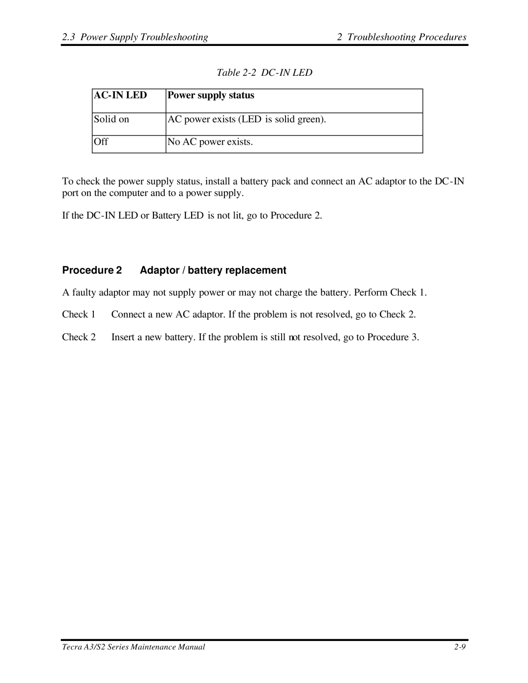 Toshiba S2 manual Ac-In Led, Procedure 2 Adaptor / battery replacement 