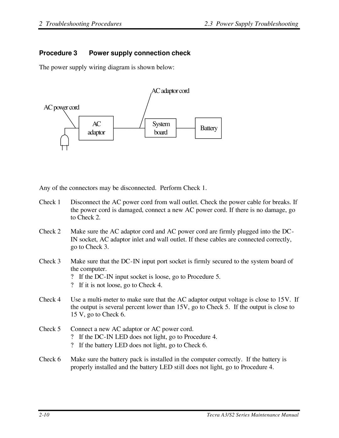 Toshiba S2 manual Battery, Procedure 3 Power supply connection check 