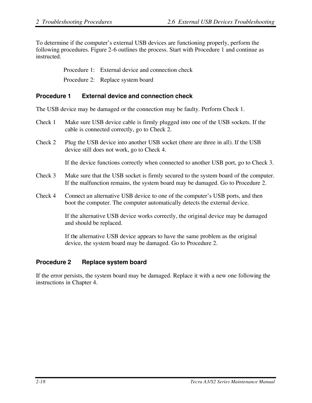 Toshiba S2 manual Procedure 1 External device and connection check, Procedure 2 Replace system board 