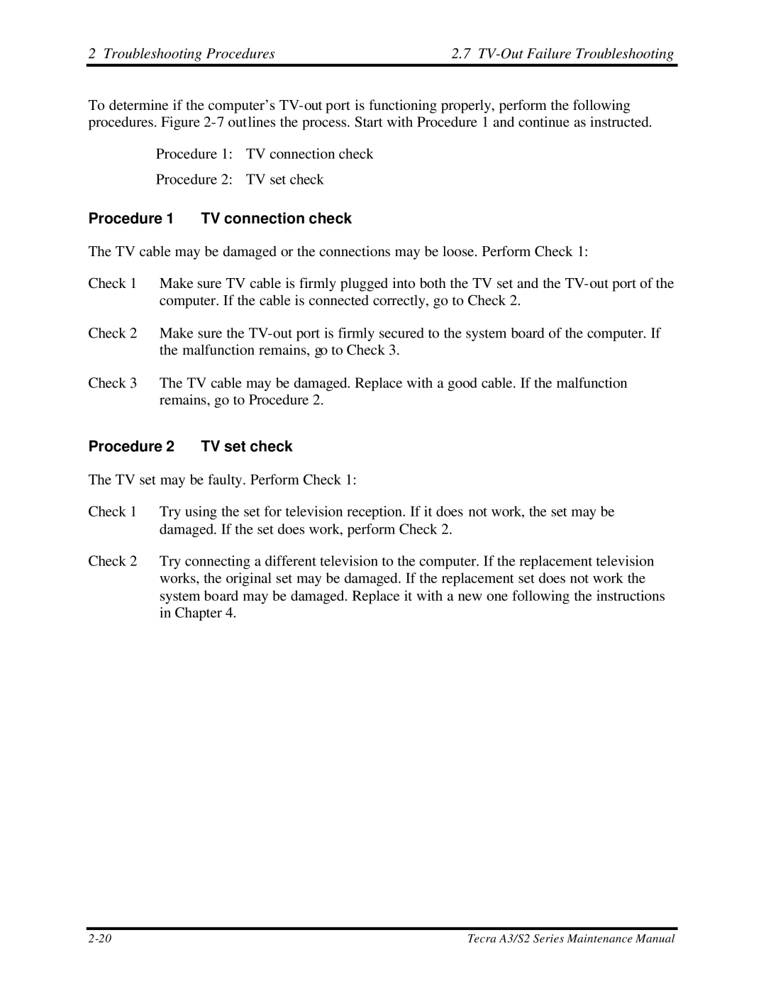 Toshiba S2 manual Troubleshooting Procedures TV-Out Failure Troubleshooting, Procedure 1 TV connection check 