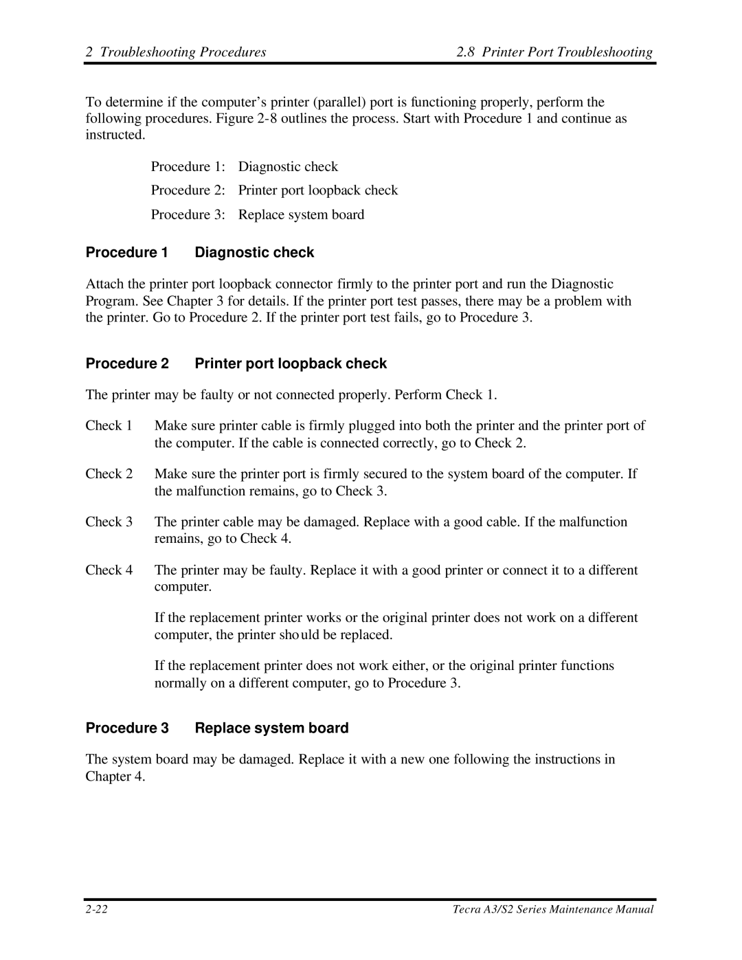 Toshiba S2 manual Troubleshooting Procedures Printer Port Troubleshooting, Procedure 1 Diagnostic check 