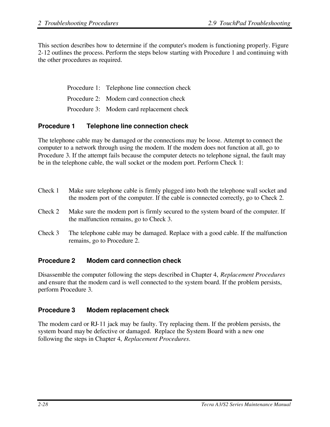 Toshiba S2 manual Procedure 1 Telephone line connection check, Procedure 2 Modem card connection check 