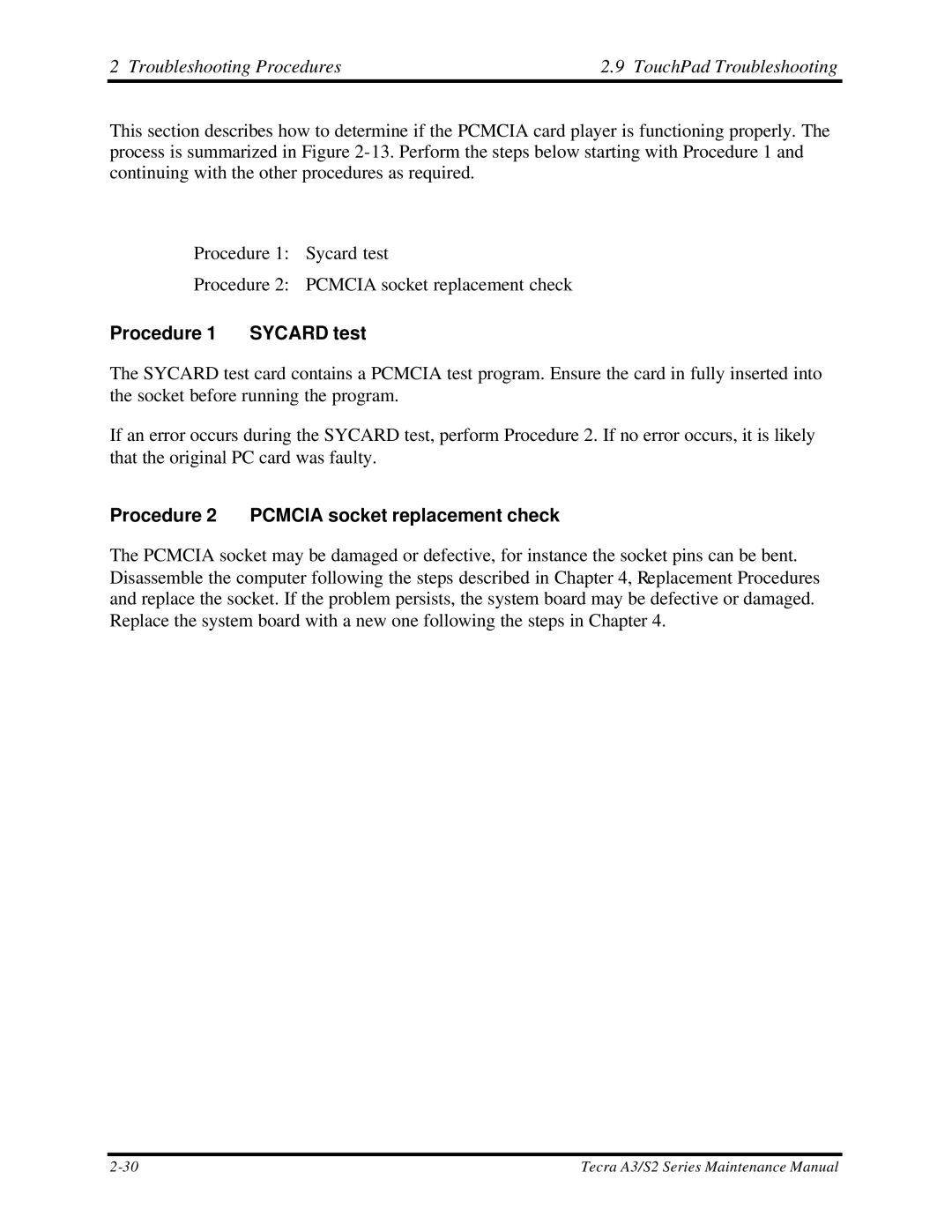 Toshiba S2 manual Procedure 1 Sycard test, Procedure 2 Pcmcia socket replacement check 