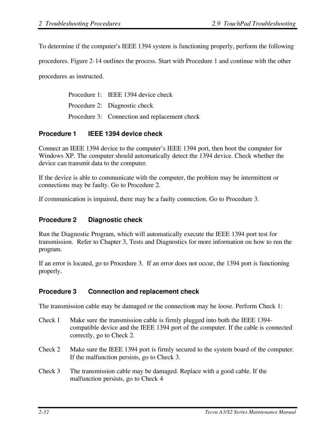 Toshiba S2 manual Procedure 1 Ieee 1394 device check, Procedure 3 Connection and replacement check 