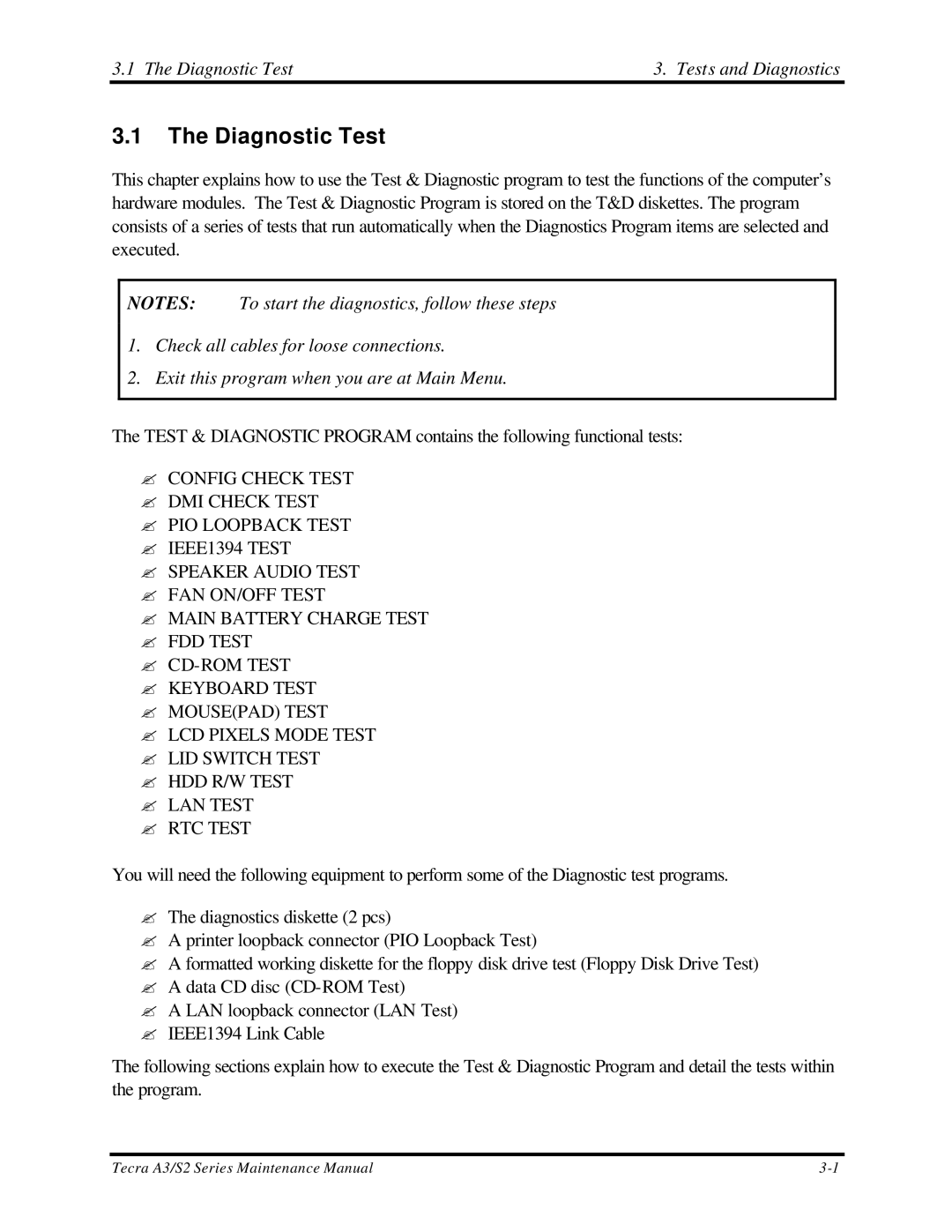 Toshiba S2 manual Diagnostic Test Tests and Diagnostics 