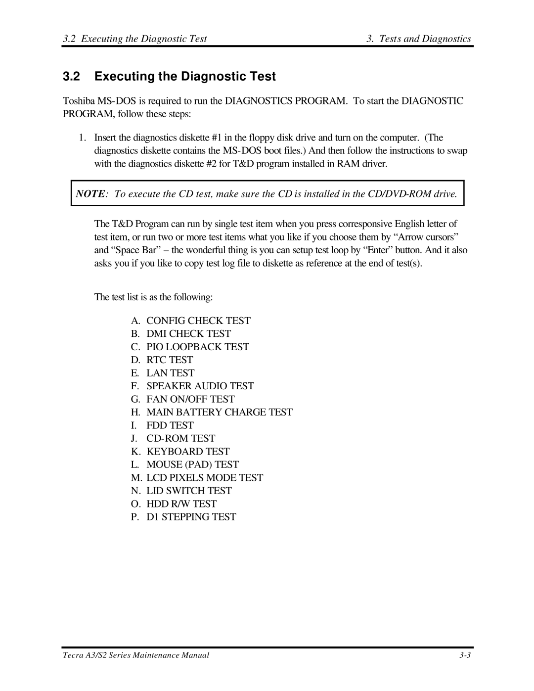 Toshiba S2 manual Executing the Diagnostic Test Tests and Diagnostics 