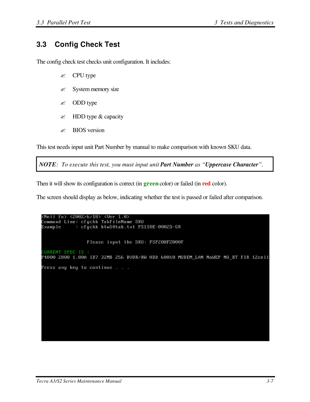 Toshiba S2 manual Config Check Test, Parallel Port Test Tests and Diagnostics 