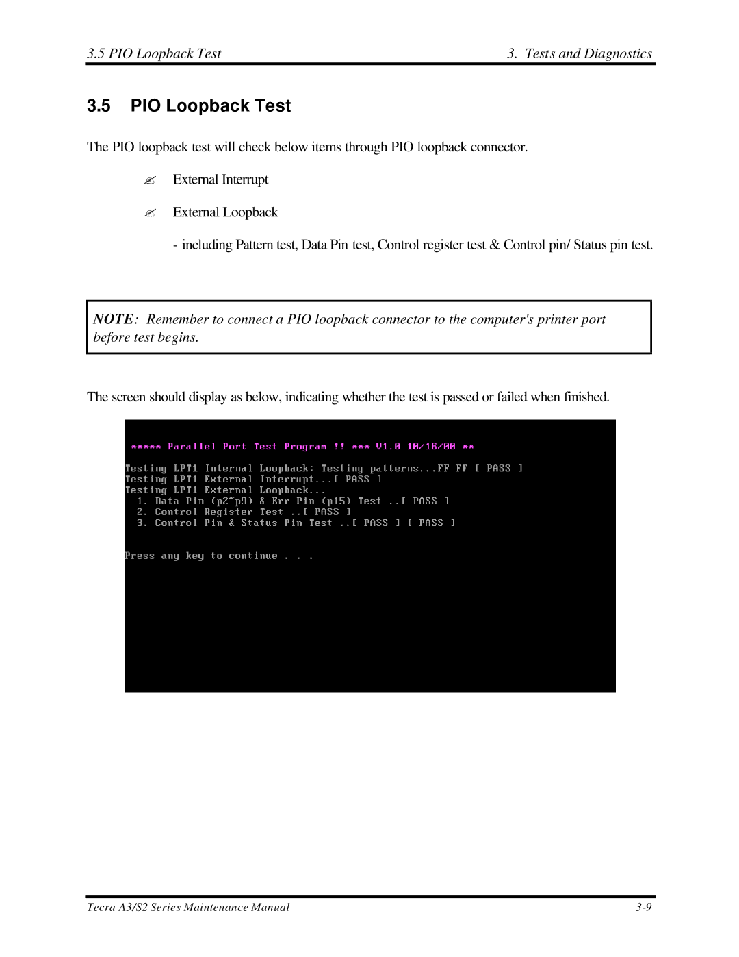 Toshiba S2 manual PIO Loopback Test Tests and Diagnostics 