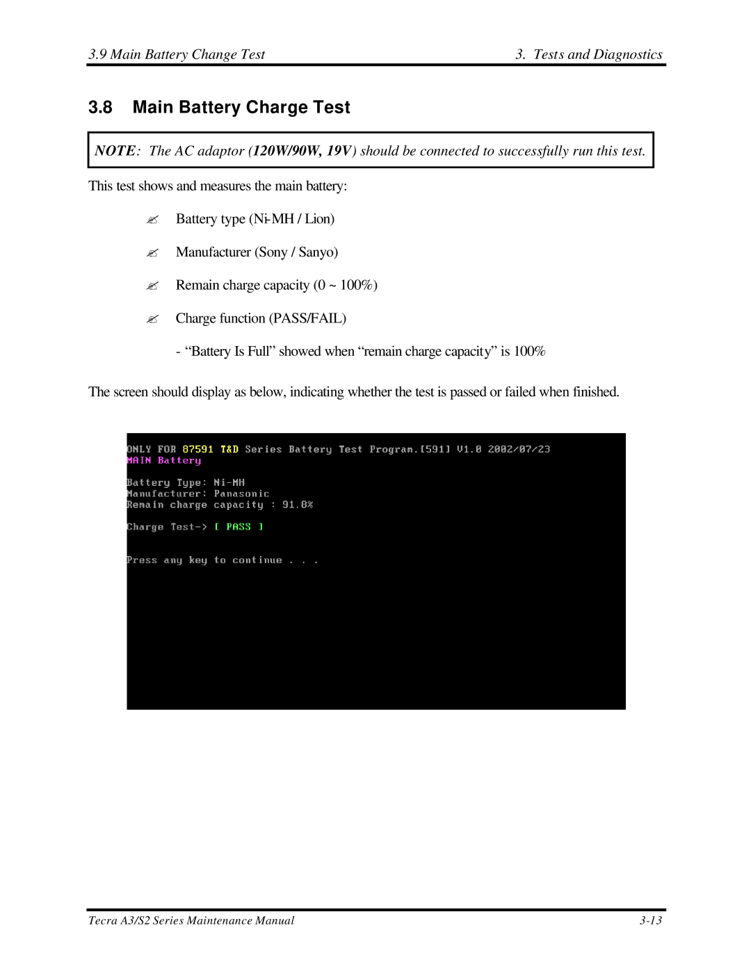 Toshiba S2 manual Main Battery Charge Test, Main Battery Change Test Tests and Diagnostics 